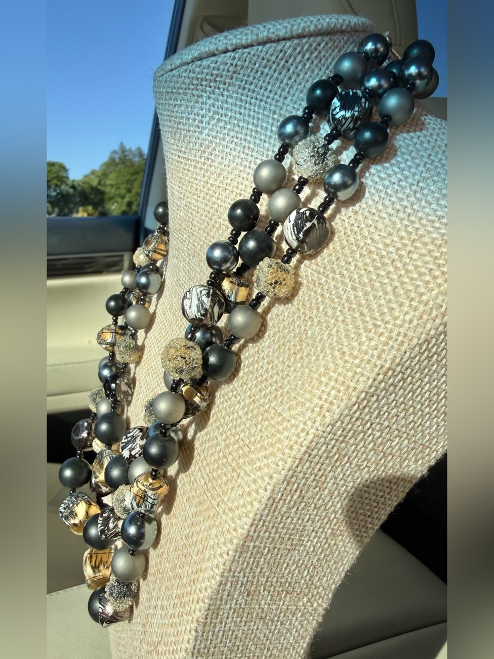 Japan Multi-Strand Black Gold Tone textured Beaded Vintage Statement Necklace - Picture 4 of 11